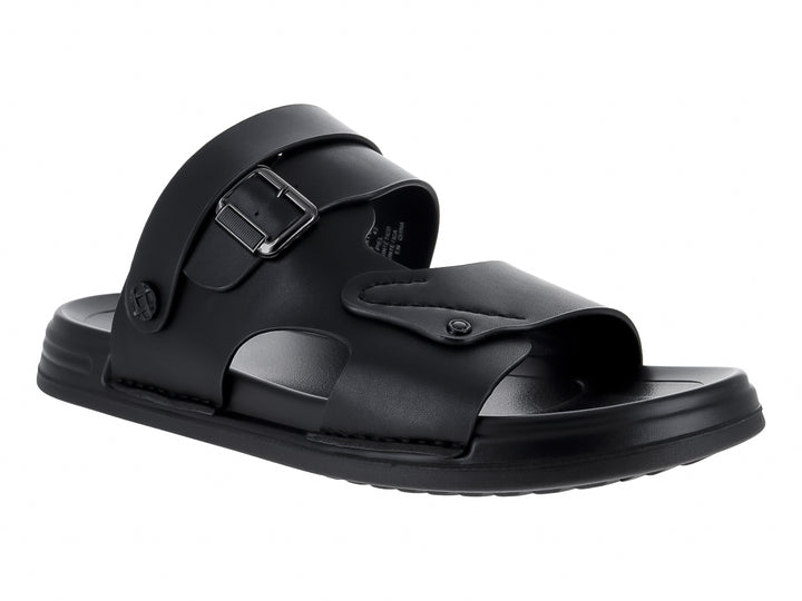 Sandalia Buenissimo de cuero color negro con correa ajustable y hebilla para niño.