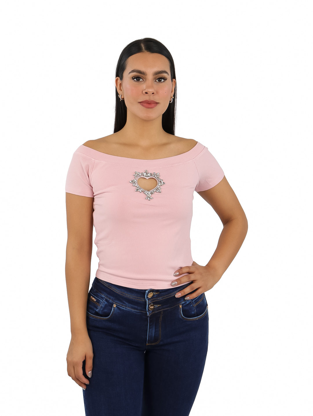 Blusa LC Collection Rosa con Corazón de Piedras para Mujer