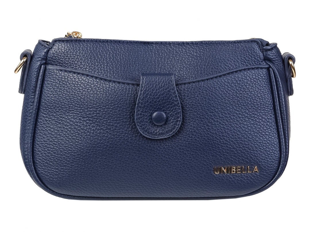 Bolso de mano color azul marino con textura rugosa, cierre superior y detalle de botón frontal de la marca Unibella.