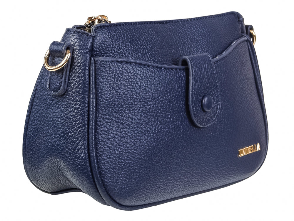 Bolso de mano color azul marino con textura rugosa, cierre superior y detalle de botón frontal de la marca Unibella.