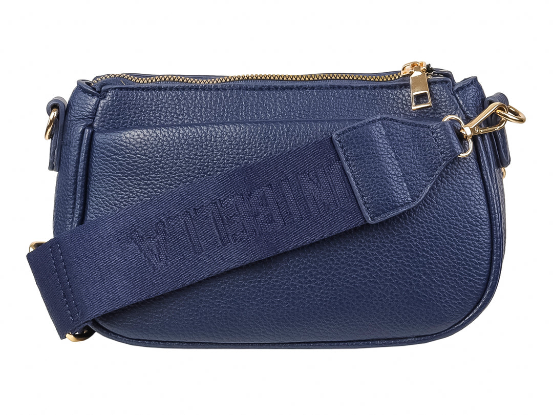 Bolso de mano color azul marino con textura rugosa, cierre superior y detalle de botón frontal de la marca Unibella.
