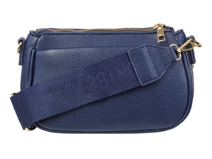 Bolso de mano color azul marino con textura rugosa, cierre superior y detalle de botón frontal de la marca Unibella.