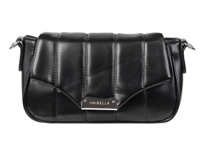 Bolso negro sintético con diseño acolchado y placa metálica de la marca UNIBELLA.