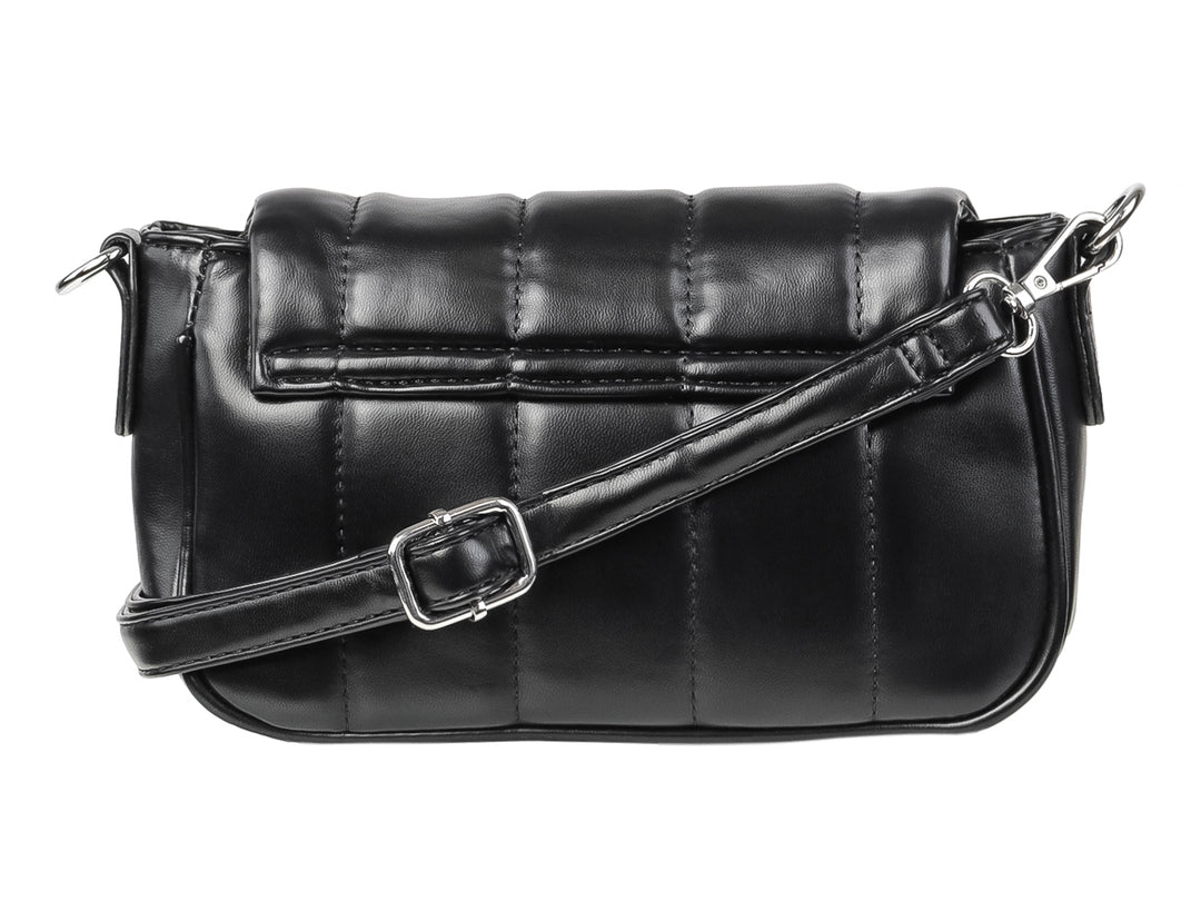 Bolso negro sintético con diseño acolchado y placa metálica de la marca UNIBELLA.