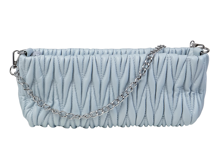 Bolso de hombro Unibella en color azul claro con textura fruncida y detalles metálicos plateados.