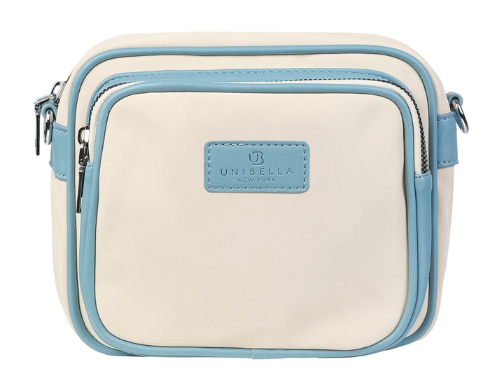Bolso pequeño color beige con detalles en azul claro y logotipo de UNIBELLA en el centro.