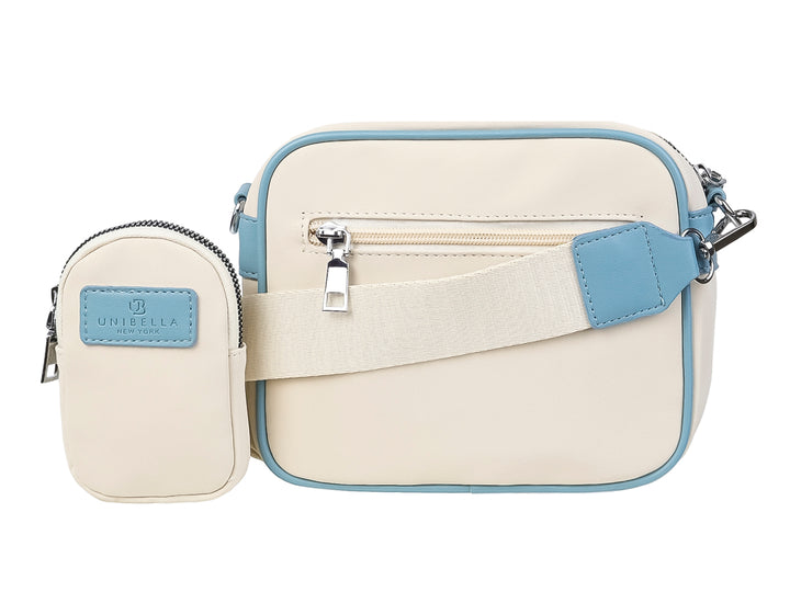 Bolso pequeño color beige con detalles en azul claro y logotipo de UNIBELLA en el centro.