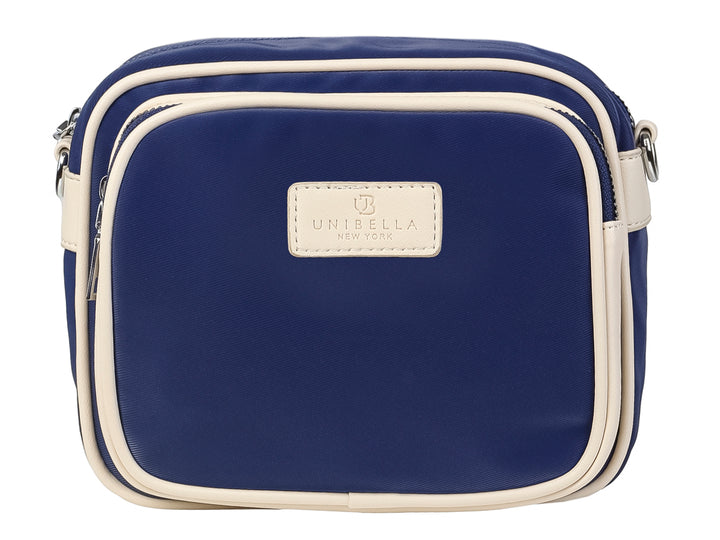 Bolso pequeño azul con ribetes blancos y logotipo de UNIBELLA al frente.