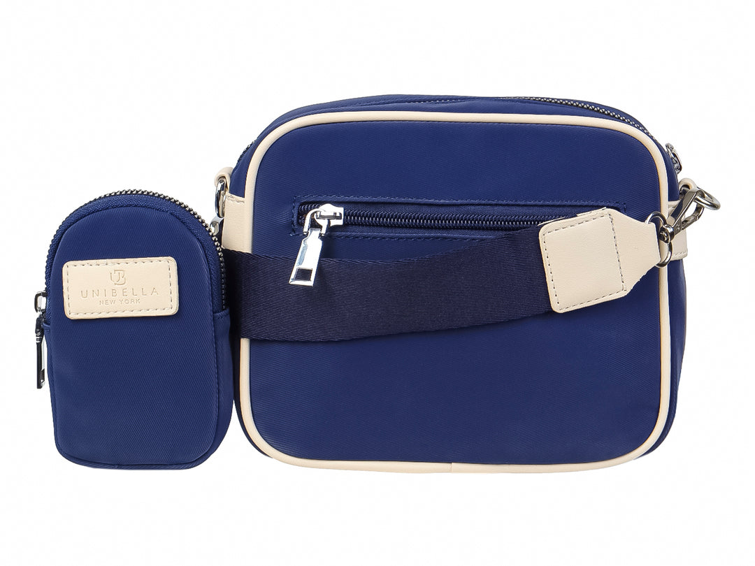 Bolso pequeño azul con ribetes blancos y logotipo de UNIBELLA al frente.