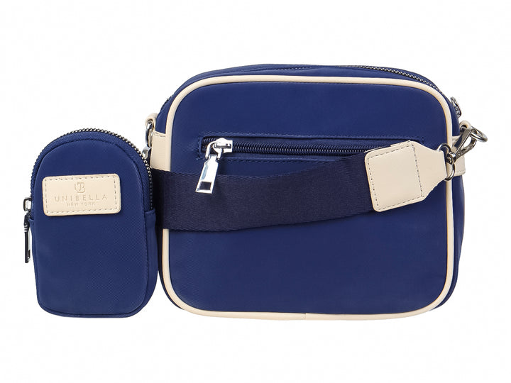 Bolso pequeño azul con ribetes blancos y logotipo de UNIBELLA al frente.