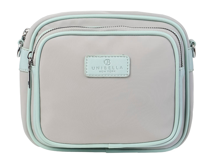 Bolso pequeño de color gris con bordes en tono claro y cierre de cremallera de la marca Unibella.