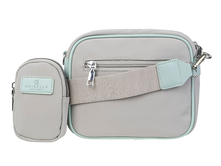 Bolso pequeño de color gris con bordes en tono claro y cierre de cremallera de la marca Unibella.
