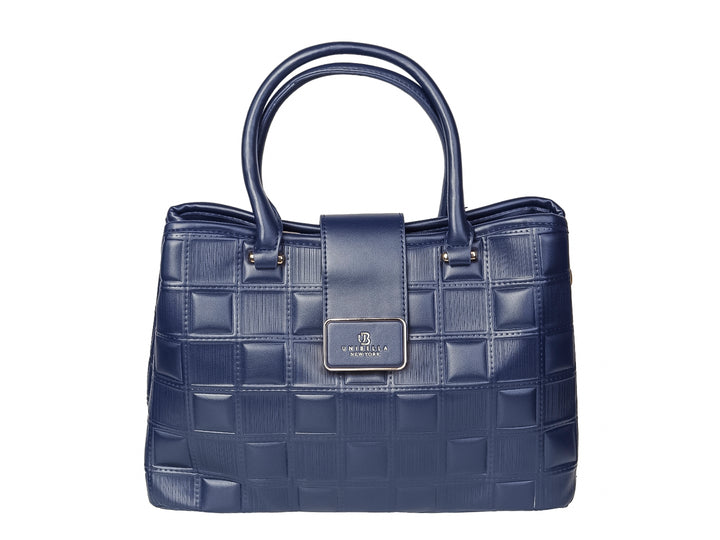 Bolso de mano azul marino con diseño acolchado y placa metálica frontal de la marca Unibella.