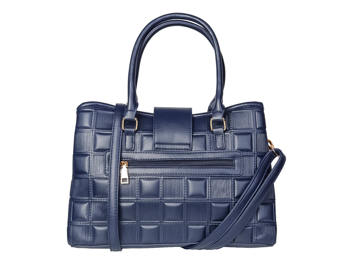 Bolso de mano azul marino con diseño acolchado y placa metálica frontal de la marca Unibella.