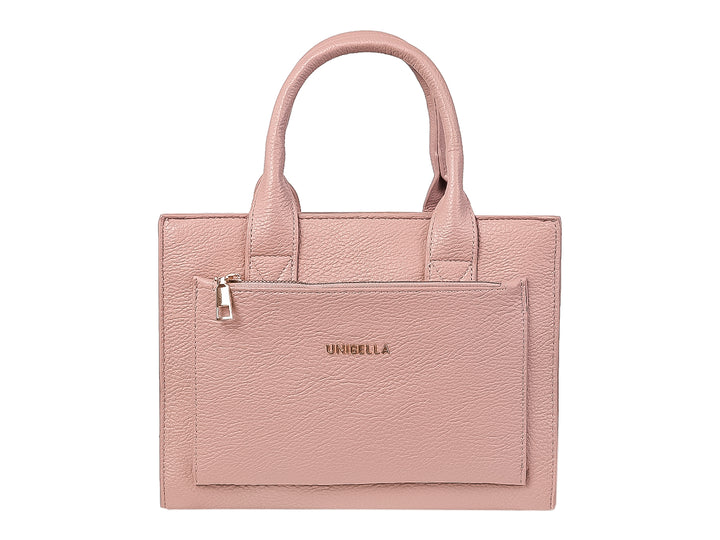 Bolso de hombro color rosa con asa superior y bolsillo frontal con cierre, marca UNIBELLA.