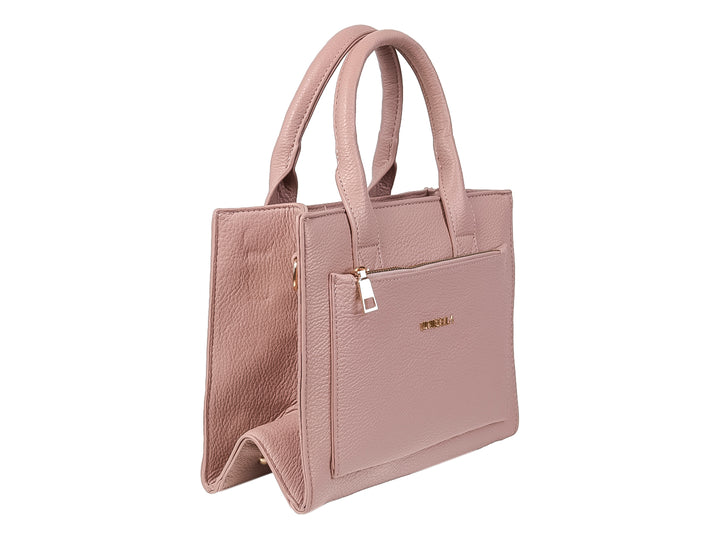 Bolso de hombro color rosa con asa superior y bolsillo frontal con cierre, marca UNIBELLA.