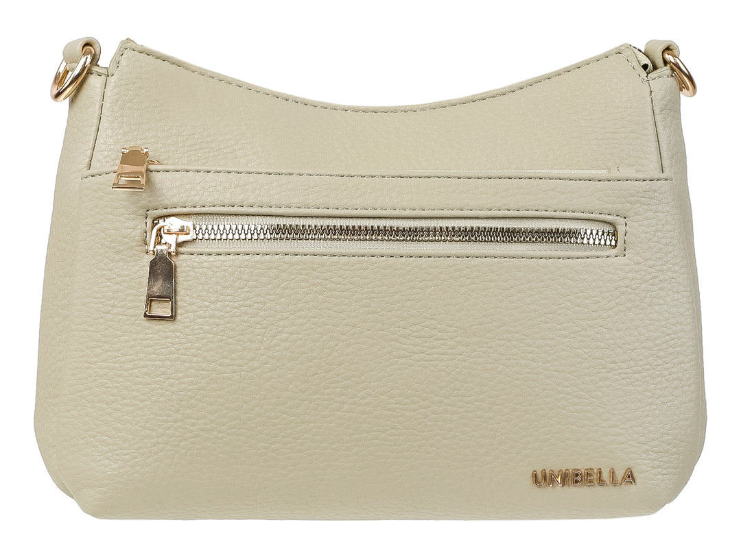 Bolsa de hombro Unibella en color verde pálido con textura rugosa y detalles de cierres en tono dorado.