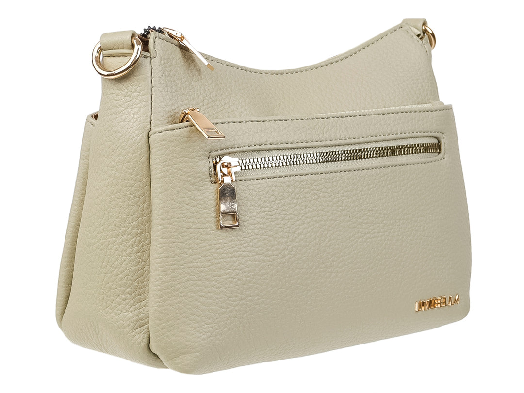 Bolsa de hombro Unibella en color verde pálido con textura rugosa y detalles de cierres en tono dorado.
