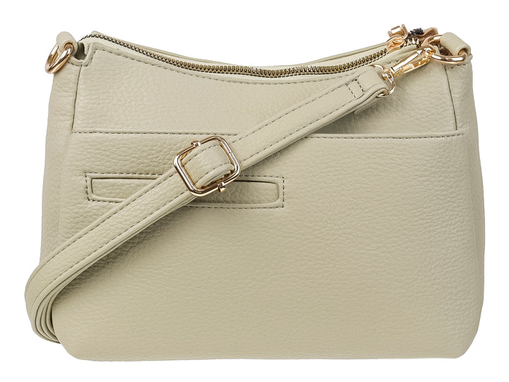 Bolsa de hombro Unibella en color verde pálido con textura rugosa y detalles de cierres en tono dorado.