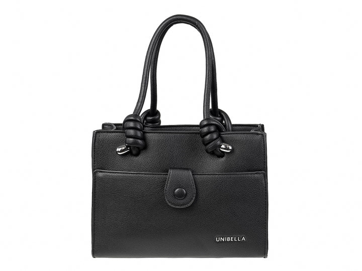 Bolso de mano color negro marca UNIBELLA con asas anudadas y detalle de bolsillo frontal.