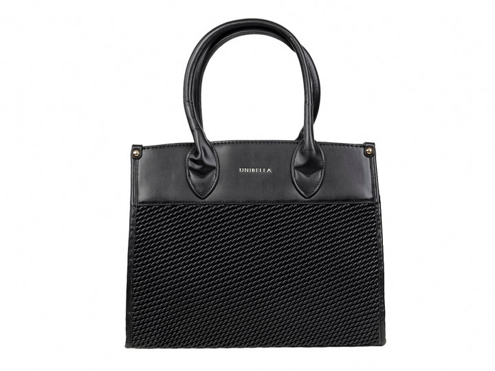 Bolso de mano negro con asa superior y cuerpo inferior texturizado marca UNIBELLA.