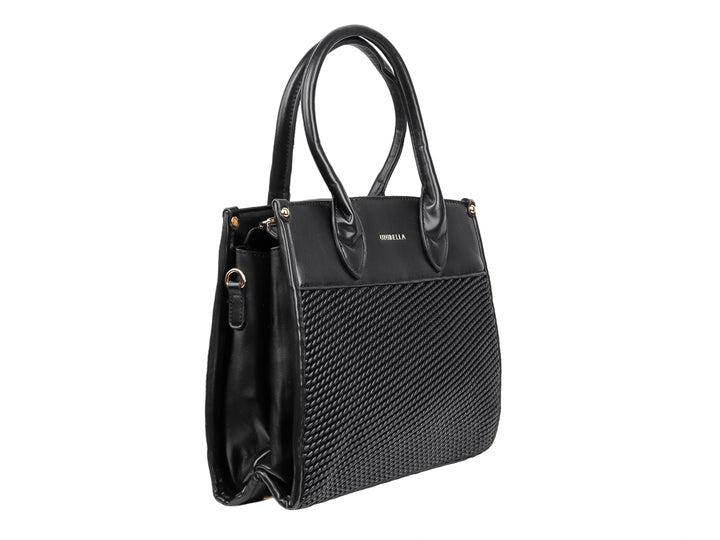 Bolso de mano negro con asa superior y cuerpo inferior texturizado marca UNIBELLA.
