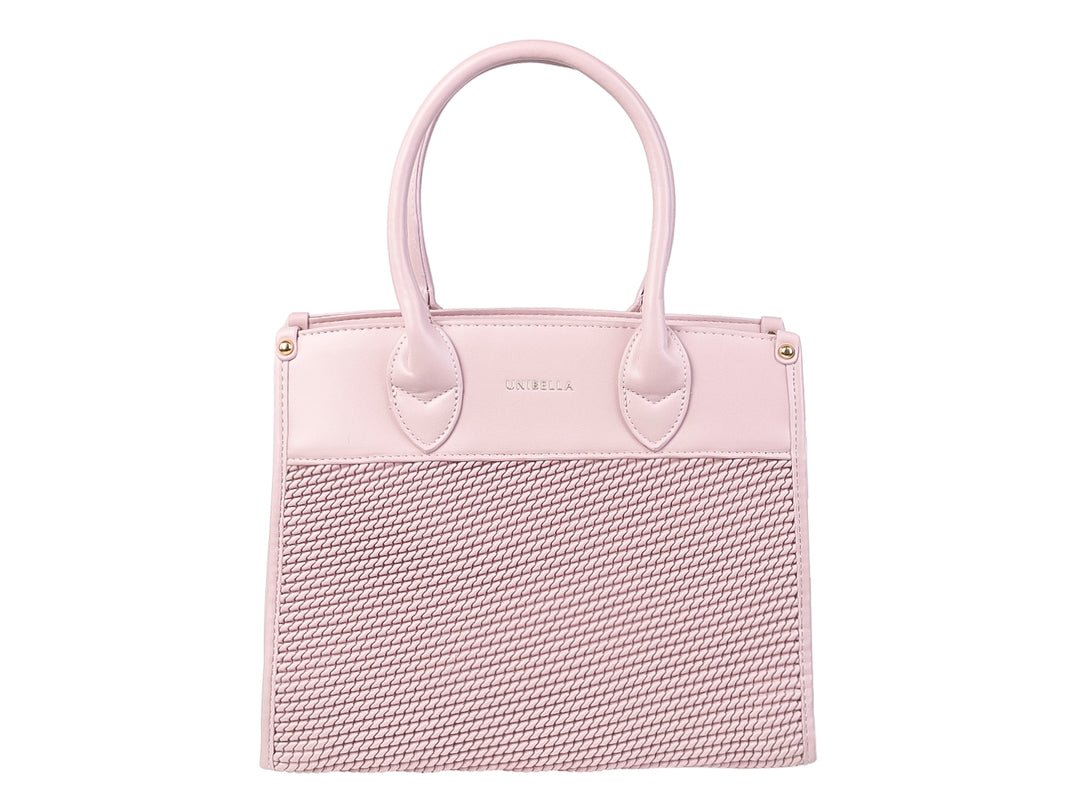 Bolso de mano color rosa con cuerpo texturizado y asas superiores redondas de la marca Unibella.