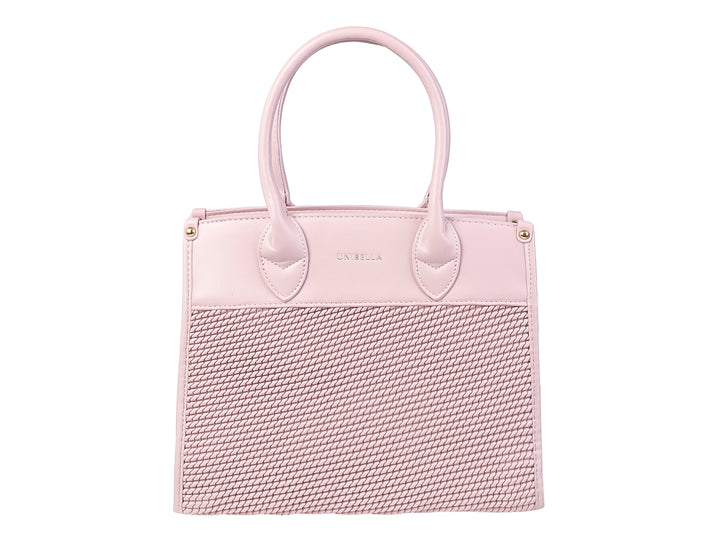 Bolso de mano color rosa con cuerpo texturizado y asas superiores redondas de la marca Unibella.