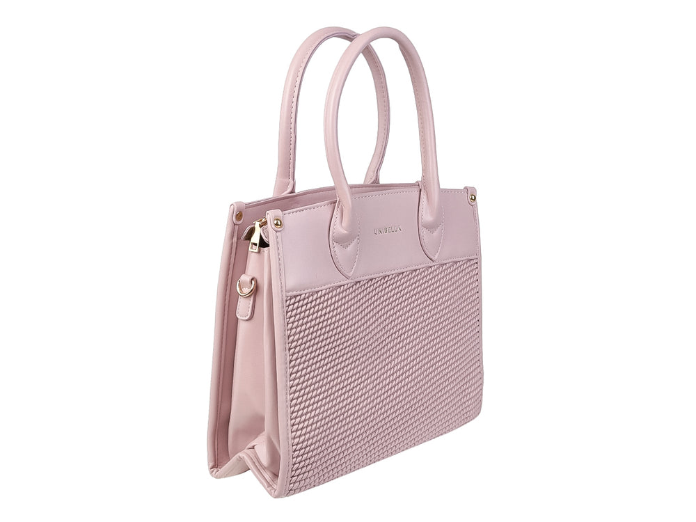 Bolso de mano color rosa con cuerpo texturizado y asas superiores redondas de la marca Unibella.