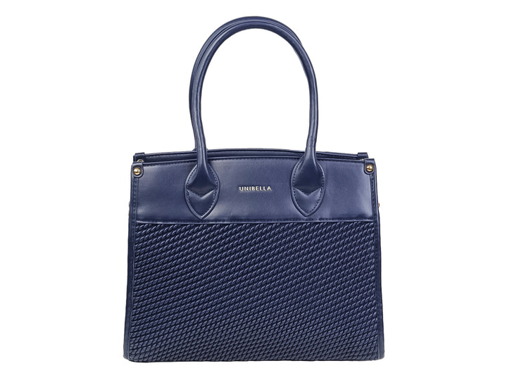 Bolsa de mano color azul marino con sección inferior texturizada y asas cortas.