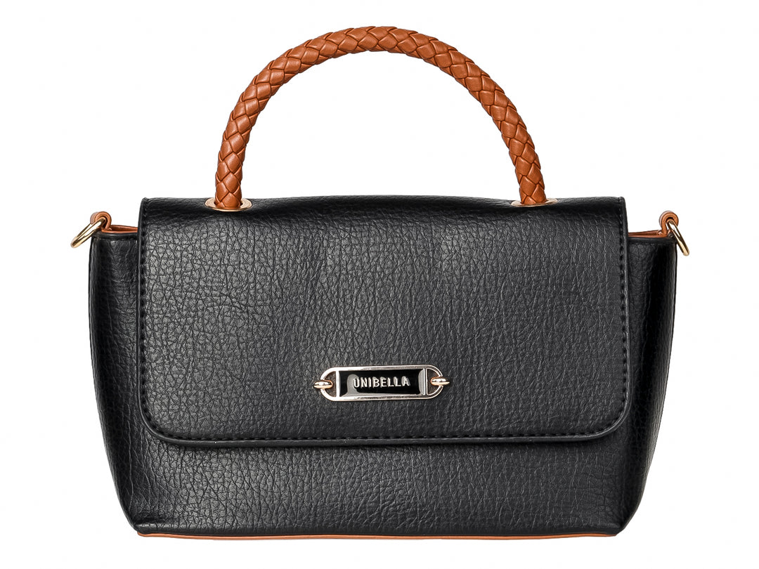 Bolso negro con asa trenzada color café y placa metálica UNIBELLA.