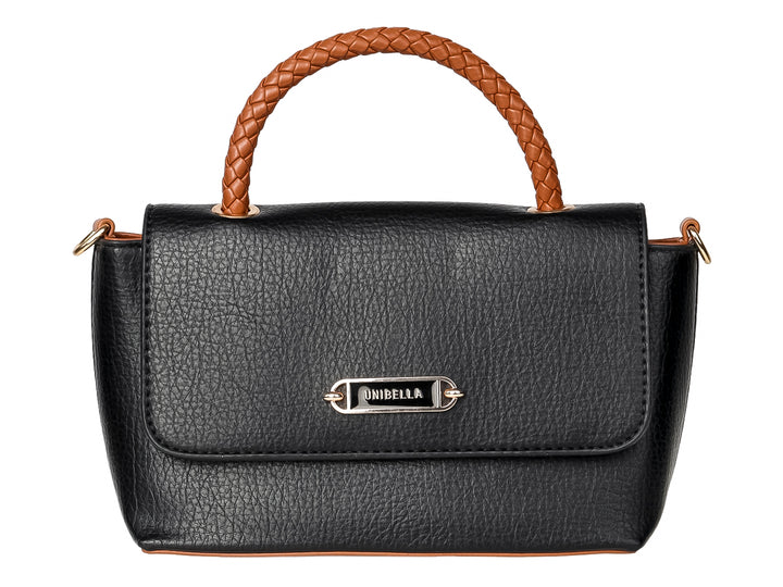 Bolso negro con asa trenzada color café y placa metálica UNIBELLA.