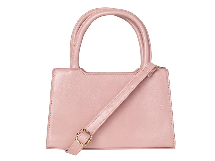 Bolso de mano color rosa con un moño decorativo grande en la parte frontal y asa corta.