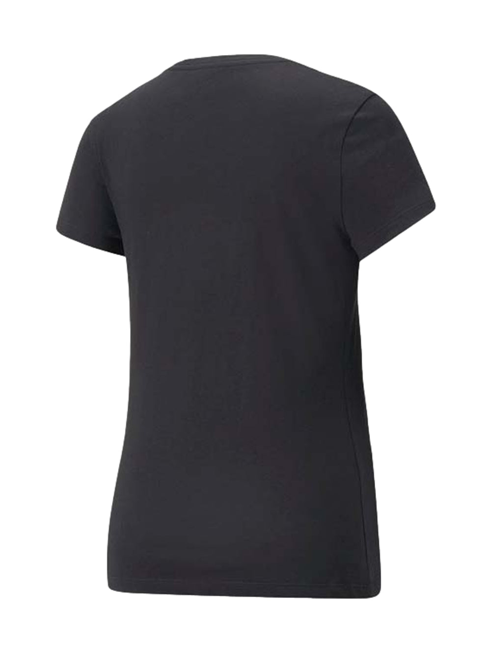 Camiseta deportiva PUMA de color negro con logotipo y texto en color plata metálico en el pecho.