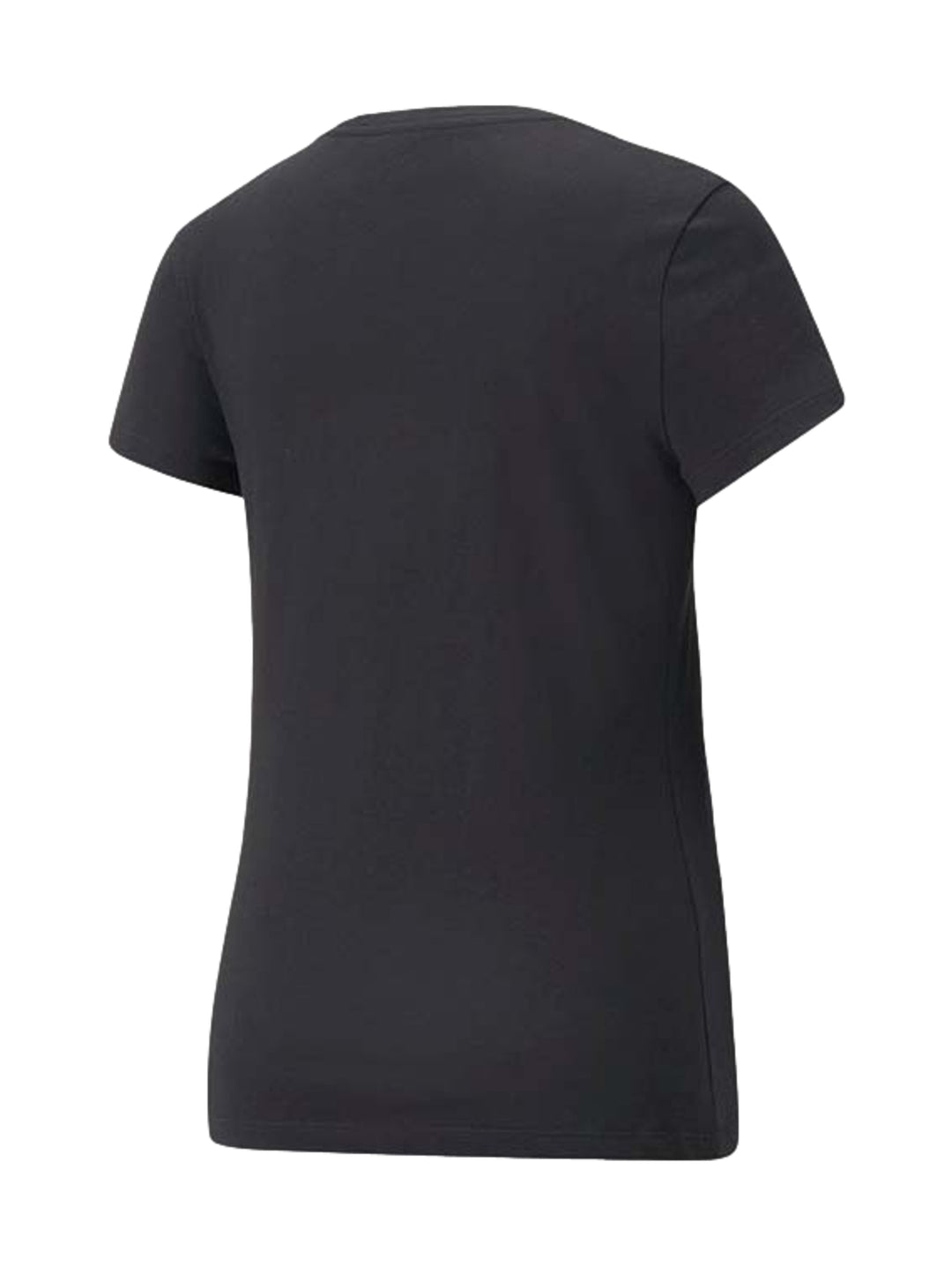 Camiseta deportiva PUMA de color negro con logotipo y texto en color plata metálico en el pecho.