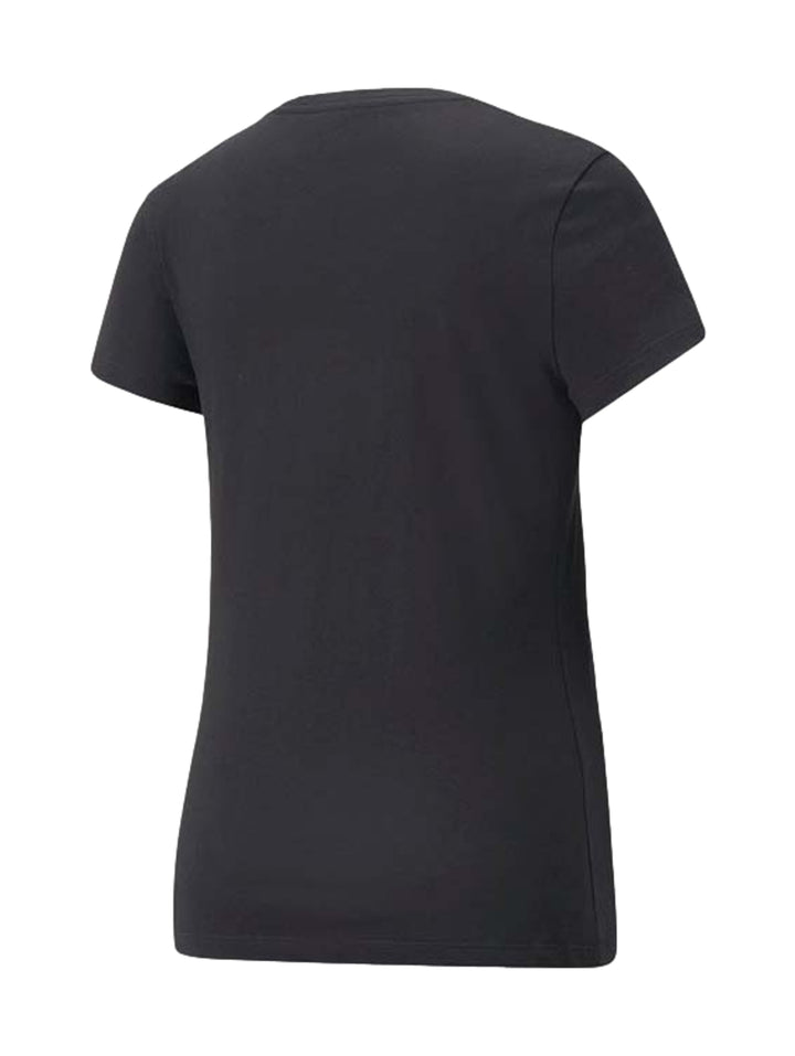 Camiseta deportiva PUMA de color negro con logotipo y texto en color plata metálico en el pecho.
