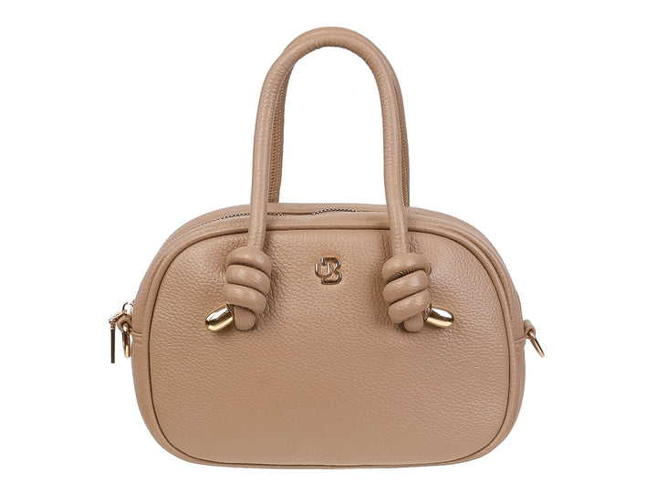 Bolso de mano color khaki con asas superiores, detalles de nudos y herrajes dorados.