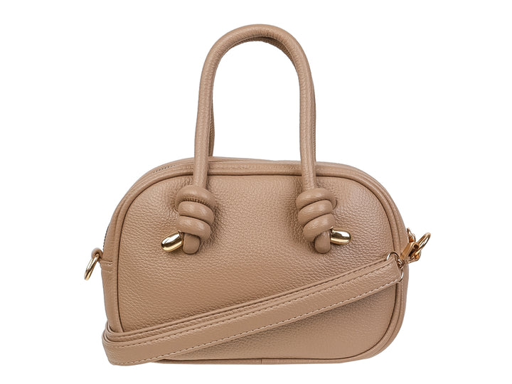 Bolso de mano color khaki con asas superiores, detalles de nudos y herrajes dorados.