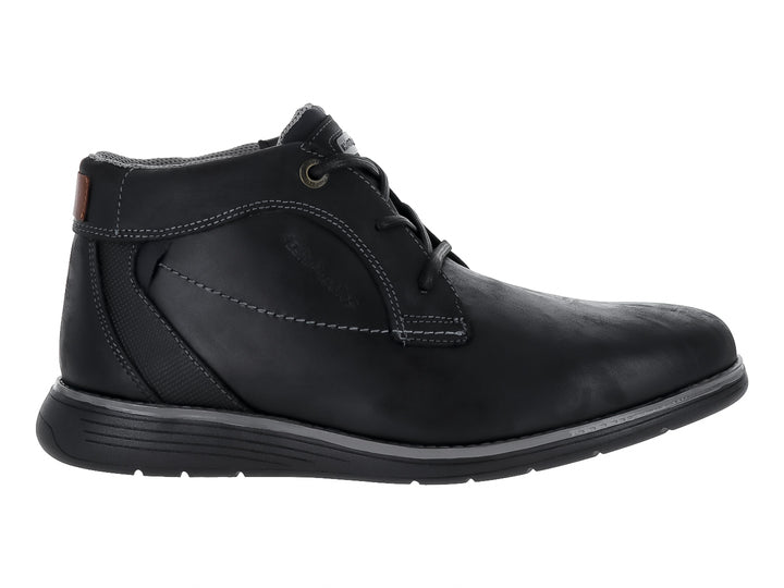 Zapato casual de cuero negro con cordones y suela gris oscuro.