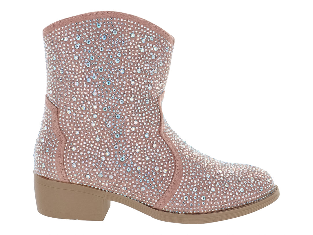 Bota vaquera para niña en color rosa adornada con cristales brillantes en toda la superficie y suela beige.