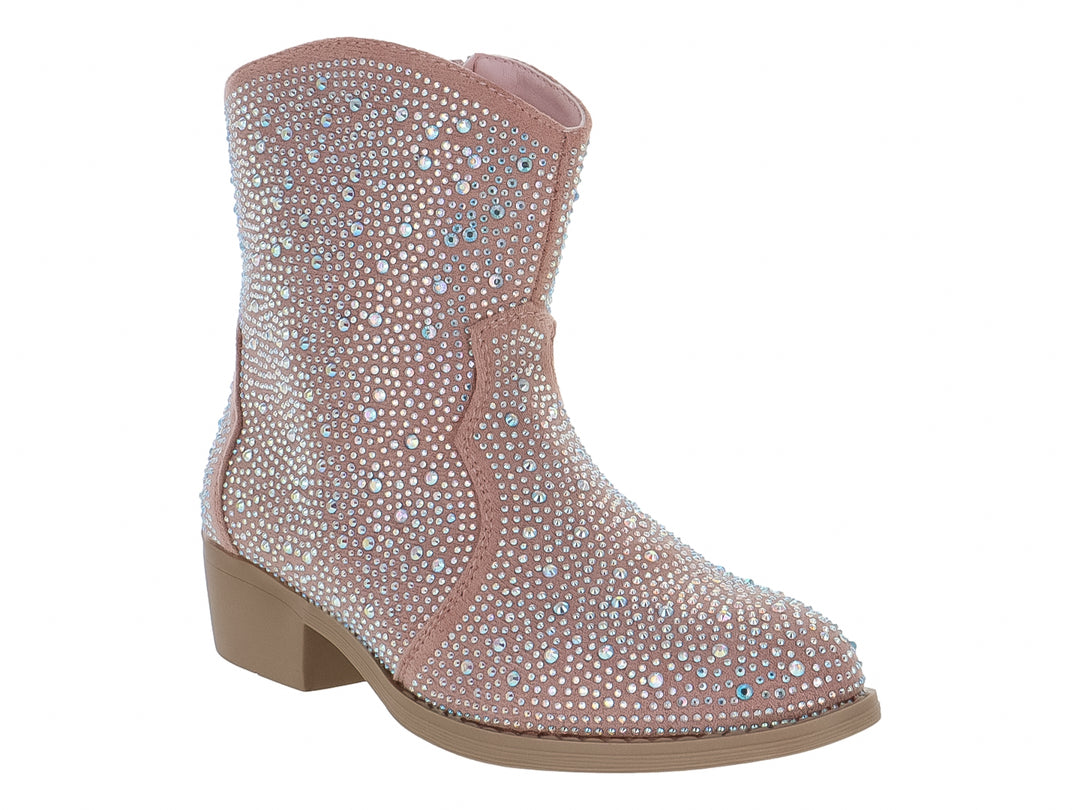 Bota vaquera para niña en color rosa adornada con cristales brillantes en toda la superficie y suela beige.