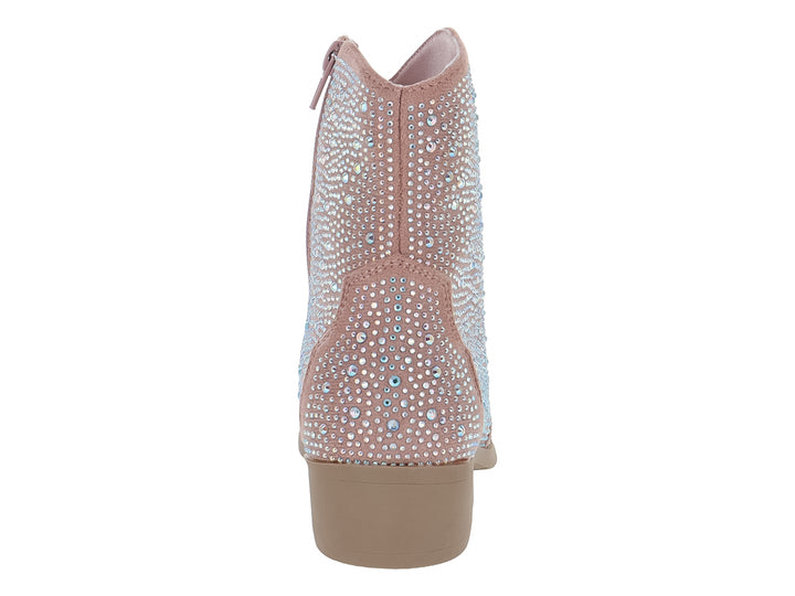 Bota vaquera para niña en color rosa adornada con cristales brillantes en toda la superficie y suela beige.