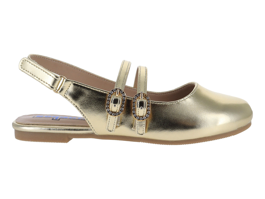 Zapato plano color oro con dos correas y hebillas brillantes para Niña.
