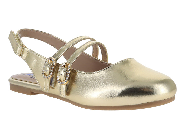 Zapato plano color oro con dos correas y hebillas brillantes para Niña.