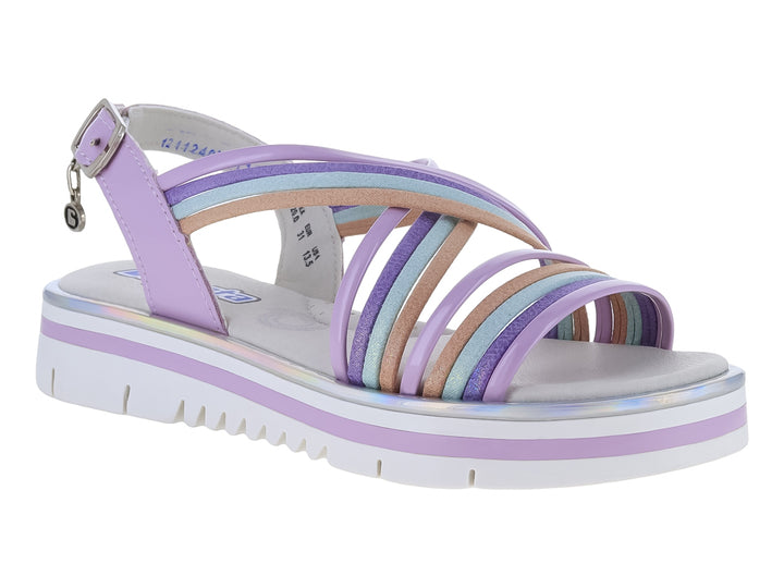 Sandalia de plataforma color lila con tiras multicolores y suela blanca.