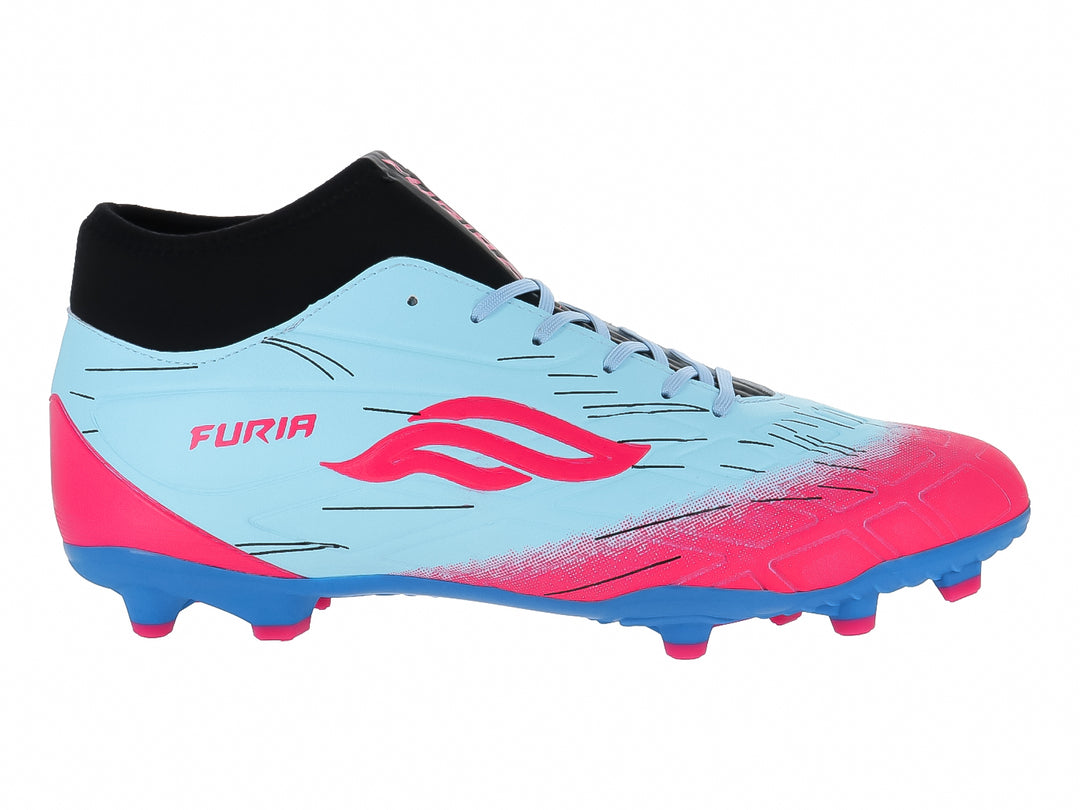 Zapato de fútbol Furia Speed en colores menta, rosa y azul con cuello negro y suela de tacos.