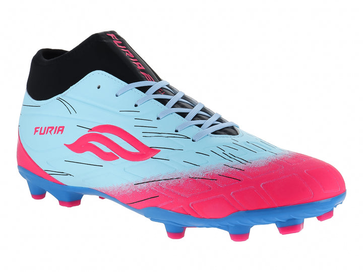 Zapato de fútbol Furia Speed en colores menta, rosa y azul con cuello negro y suela de tacos.