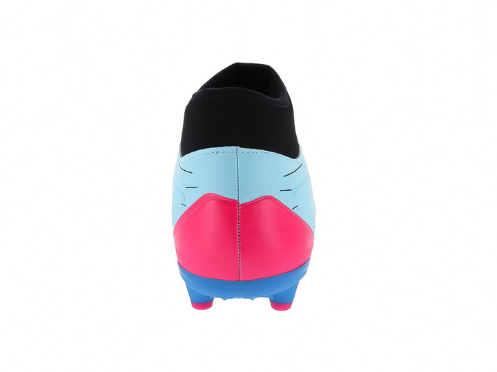 Zapato de fútbol Furia Speed en colores menta, rosa y azul con cuello negro y suela de tacos.