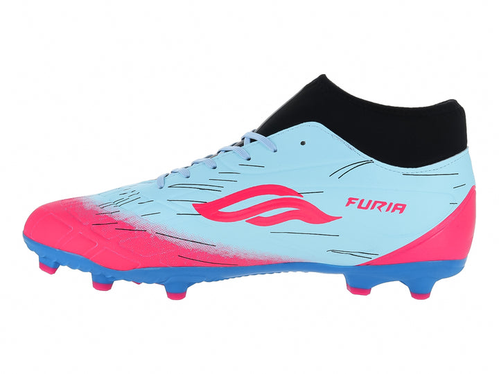 Zapato de fútbol Furia Speed en colores menta, rosa y azul con cuello negro y suela de tacos.