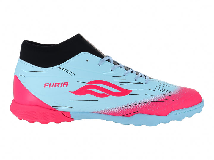 Zapato de fútbol sintético Furia en color menta con detalles en rosa y negro, diseño moderno para cancha sintética.